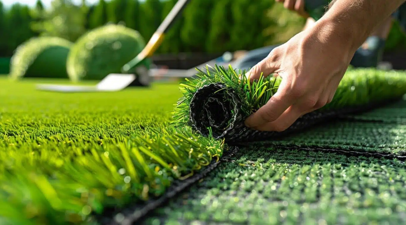 Professional turf removal and replacement service showing artificial grass roll installation
